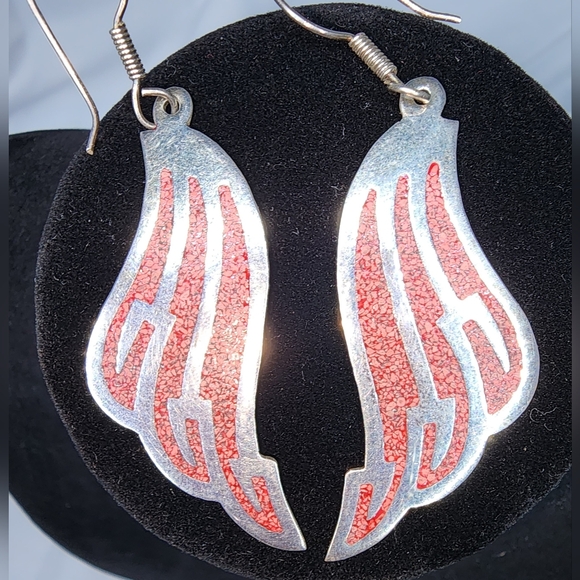Southwestern-style Pink Inlay Stone Wing Dangle Earrings; marked 925 Mexico - Picture 2 of 7